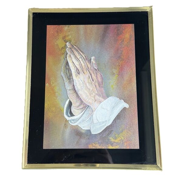 Praying Hands Vintage Foil Art Print 8x10 Glass Panel Metal Frame Jesus Christ - Picture 1 of 2